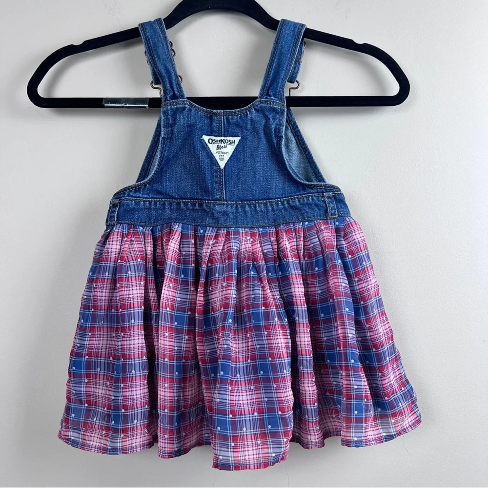 OshKosh B'gosh Blue Denim Lined Skirt Overalls 3T  Blue Red White
